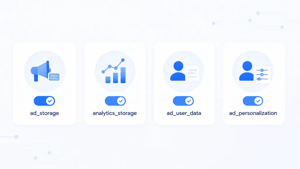 Cztery kategorie zgody Consent Mode v2 jako ikony: ad_storage, analytics_storage, ad_user_data, ad_personalization