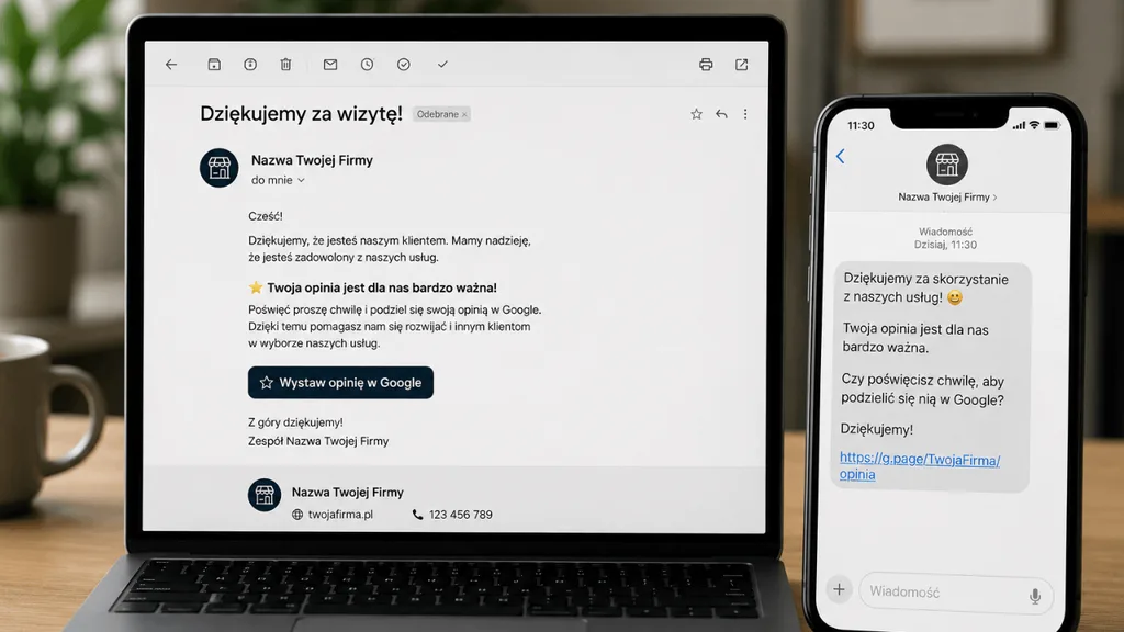 Mockup wiadomości e-mail i SMS z prośbą o opinię Google